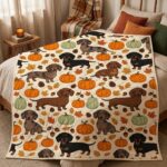 Dachshund Fall Quilt, Doxie Pumpkin Blanket, Wiener Dog Bedding, Cute Puppy Throw