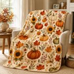 Pumpkin Harvest Fleece Blanket, Autumn Leaves Throw, Cozy Fall, Spooky Season Home