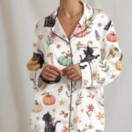 Black Cat Pumpkin Pajama Set for Women, Cute Fall Cat Pajamas, Autumn Floral Sleepwear
