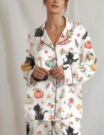 Black Cat Pumpkin Pajama Set for Women, Cute Fall Cat Pajamas, Autumn Floral Sleepwear