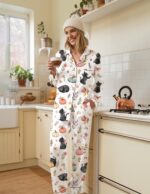 Black Cat Pumpkin Pajama Set for Women, Cute Fall Cat Pajamas, Autumn Floral Sleepwear - Image 2