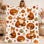 Fox Fleece Blanket, Autumn Woodland, Fall Leaves Throw, Thanksgiving Gift - Image 4