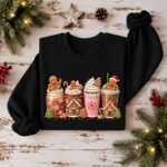 Pink Gingerbread Coffee Cup Sweatshirt, Christmas Winter Coffee Lover Sweater - Image 3