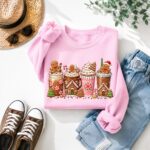 Pink Gingerbread Coffee Cup Sweatshirt, Christmas Winter Coffee Lover Sweater - Image 5