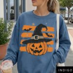 Halloween Sweatshirt, Witch Hat Pumpkin Crewneck, Retro Halloween Sweatshirt Women - Image 2