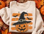 Halloween Sweatshirt, Witch Hat Pumpkin Crewneck, Retro Halloween Sweatshirt Women - Image 4