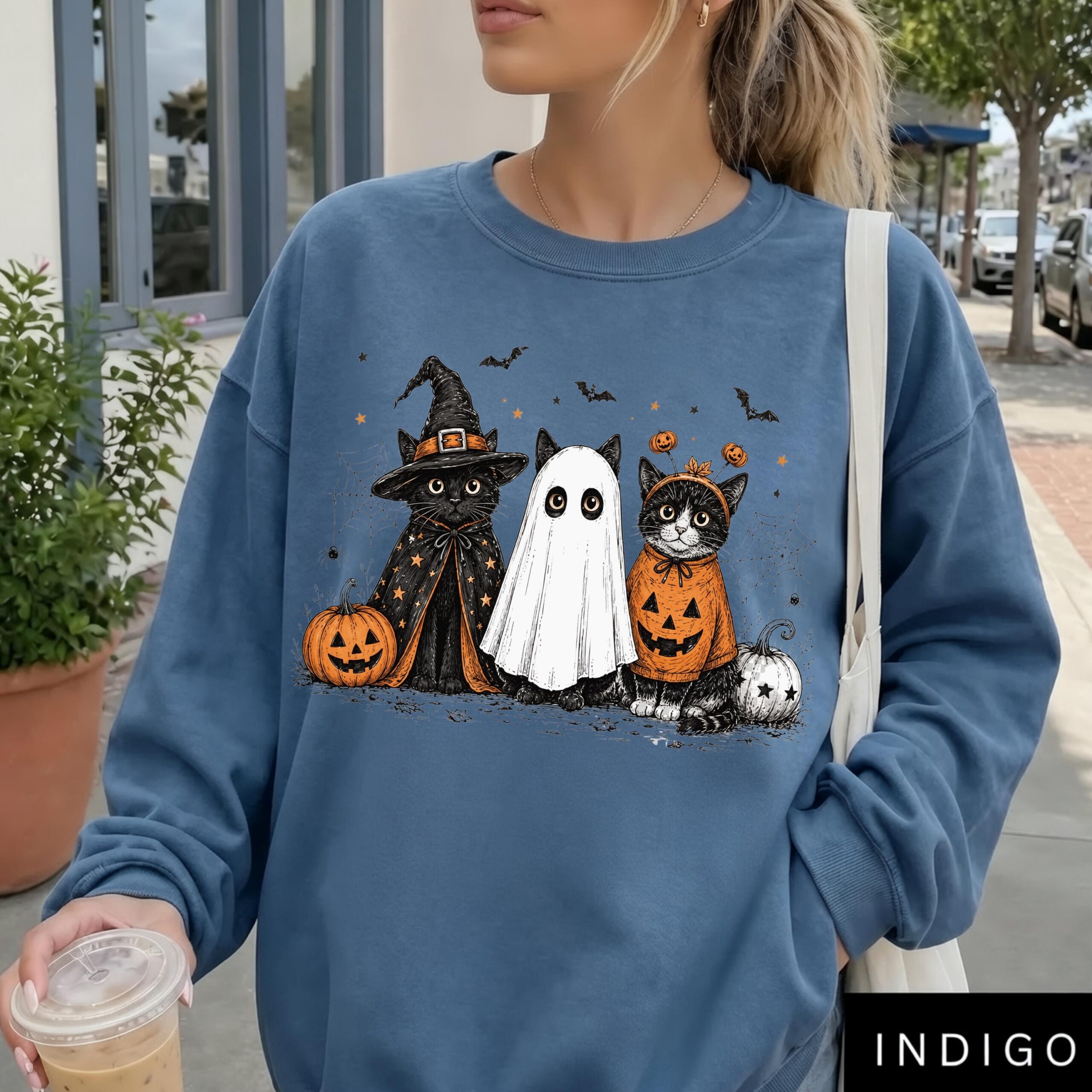 il_fullxfull.8467623447_ak84 Comfort Colors Halloween Black Cat Ghost Shirt, Halloween Ghost Sweatshirt, Spooky Season Cat Tee - Image 1