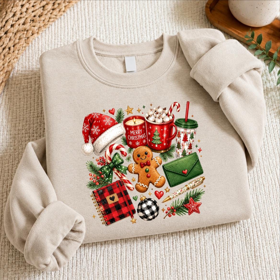il_fullxfull.8469964582_buam Preppy Christmas Doodles Sweatshirt, Merry Christmas Collage Sweater, Gingerbread Cocoa Jumper - Image 1