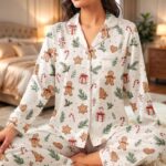 Christmas Gingerbread Pajama Set for Women, Satin Short & Long Sleeve PJs - Image 4