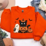 Cute Halloween Cat Sweatshirt, Black Cat Pumpkin Crewneck, Ghost Halloween Sweatshirt