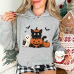 Cute Halloween Cat Sweatshirt, Black Cat Pumpkin Crewneck, Ghost Halloween Sweatshirt - Image 2