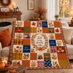 Autumn Patchwork Quilt, Fall Pumpkin Leaf Blanket, Hello Pumpkin Bedroom Decor, Cozy Harvest Bed Throw, Thanksgiving Home - Image 3