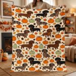 Dachshund Fall Quilt, Doxie Pumpkin Blanket, Wiener Dog Bedding, Cute Puppy Throw - Image 2