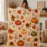 Pumpkin Harvest Fleece Blanket, Autumn Leaves Throw, Cozy Fall, Spooky Season Home - Image 2
