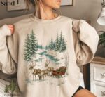 Vintage Reindeer Christmas Sweatshirt, Winter Forest Sleigh Crewneck, Rustic Woodland Holiday Shirt
