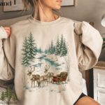 Vintage Reindeer Christmas Sweatshirt, Winter Forest Sleigh Crewneck, Rustic Woodland Holiday Shirt
