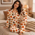 Thanksgiving Satin Pajama Set for Women, Turkey Pumpkin Fall Sleepwear, Harvest Holiday Loungewear - Image 3