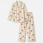 Fall Pumpkin Pajama Set, Autumn Floral Long Sleeve Sleepwear, Cozy Harvest Lounge Outfit, Thanksgiving Pajamas - Image 4