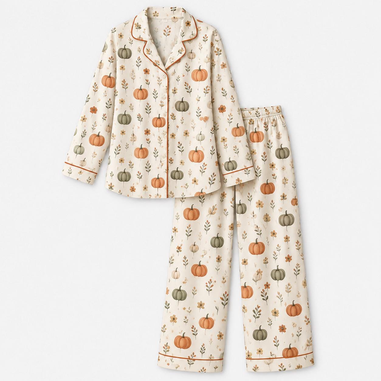 il_fullxfull.8489112440_9jk2 Fall Pumpkin Pajama Set, Autumn Floral Long Sleeve Sleepwear, Cozy Harvest Lounge Outfit, Thanksgiving Pajamas - Image 1