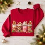 Pink Gingerbread Coffee Cup Sweatshirt, Christmas Winter Coffee Lover Sweater - Image 2