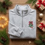 Embroidered Christmas Tree Quarterzip Sweatshirt, Holiday Gift Pullover, Xmas Tree Apparel