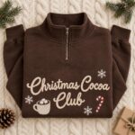 Christmas Cocoa Club Embroidered Quarter Zip Sweatshirt, Cozy Holiday Hot Chocolate Candy Cane - Image 3