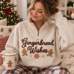 Gingerbread Wishes Embroidered Christmas Quarter Zip, Cozy Holiday Half Zip Sweatshirt - Image 5