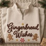 Gingerbread Wishes Embroidered Christmas Quarter Zip, Cozy Holiday Half Zip Sweatshirt