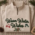 Warm Winter Wishes Embroidered Christmas Quarter Zip, Cozy Holiday Half Zip Sweatshirt - Image 4