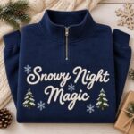 Snowy Night Magic Embroidered Christmas Quarter Zip, Cozy Winter Half Zip Sweatshirt