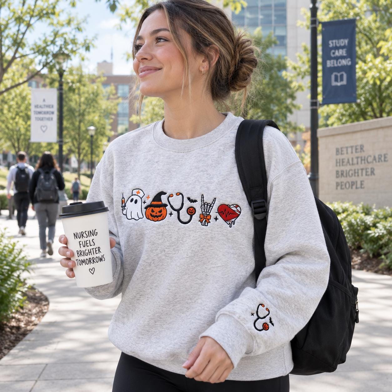 il_fullxfull.8496643692_oipg Spooky Nurse Crewneck with Ghost Pumpkin Stethoscope - Embroidered Halloween Nurse Sweatshirt - Fall Sweater - Image 1