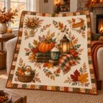 Fall Pumpkin Quilted Throw Blanket, Autumn Harvest Leaves, Thanksgiving Farmhouse Decor - Image 2