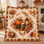 Fall Pumpkin Quilted Throw Blanket, Autumn Harvest Leaves, Thanksgiving Farmhouse Decor