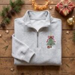 Embroidered Christmas Tree Quarter Zip Sweatshirt, Holiday Sled Pullover