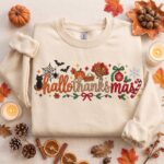Embroidered HalloThanksMas Sweatshirt, Halloween Thanksgiving Christmas Holiday Shirt