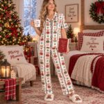 Christmas Teddy Bear Pajama Set, Red Green Holiday Pajamas, Cozy Sleeve PJ Set, Cute Bear Sleepwear - Image 3