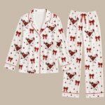Santa Cocktail Pajama Set for Women, Satin Long & Short Sleeve Christmas Pajamas, Red Bow Holiday Sleepwear - Image 3