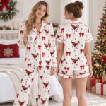 Santa Cocktail Pajama Set for Women, Satin Long & Short Sleeve Christmas Pajamas, Red Bow Holiday Sleepwear - Image 5