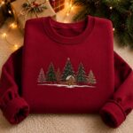 Christmas Tree Embroidery Sweatshirt, Winter Cabin Embroidery, Holiday Sweatshirt