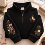 Embroidered Christmas Raccoon Quarter Zip Sweatshirt, Woodland Holiday Pullover