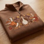 Embroidered Thanksgiving Geese Half Zip Pullover, Fall Holiday Sweatshirt