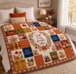 Autumn Patchwork Quilt, Fall Pumpkin Leaf Blanket, Hello Pumpkin Bedroom Decor, Cozy Harvest Bed Throw, Thanksgiving Home - Image 2