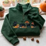 Thanksgiving Black Cat Embroidered Sweatshirt, Turkey Pumpkin Cat Quarter Zip Pullover - Image 6