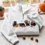 Thanksgiving Black Cat Embroidered Sweatshirt, Turkey Pumpkin Cat Quarter Zip Pullover - Image 4