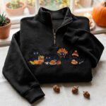 Thanksgiving Black Cat Embroidered Sweatshirt, Turkey Pumpkin Cat Quarter Zip Pullover - Image 3