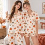 Fall Pajamas Set, Hello Fall Pjs for Women, Autumn Sleepwear, Pumpkin Leaf Pajama Set, Thanksgiving Pajama Set