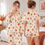 Fall Pajamas Set, Hello Fall Pjs for Women, Autumn Sleepwear, Pumpkin Leaf Pajama Set, Thanksgiving Pajama Set - Image 3
