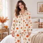 Fall Pajamas Set, Hello Fall Pjs for Women, Autumn Sleepwear, Pumpkin Leaf Pajama Set, Thanksgiving Pajama Set - Image 4
