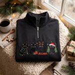 Embroidered Black Cats Christmas Quarter Zip Sweatshirt, Xmas Cat Sweatshirt - Image 3