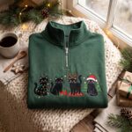 Embroidered Black Cats Christmas Quarter Zip Sweatshirt, Xmas Cat Sweatshirt - Image 7